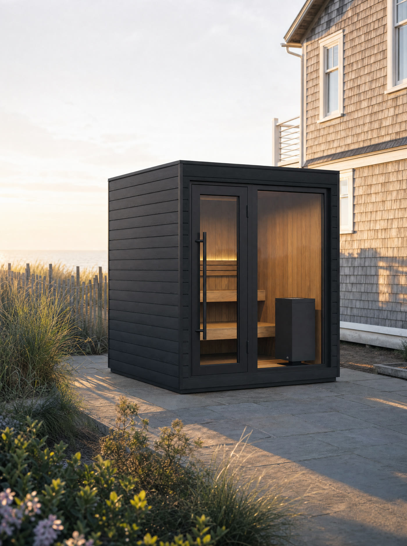 Residential Axis sauna cabin concept, shown as a render