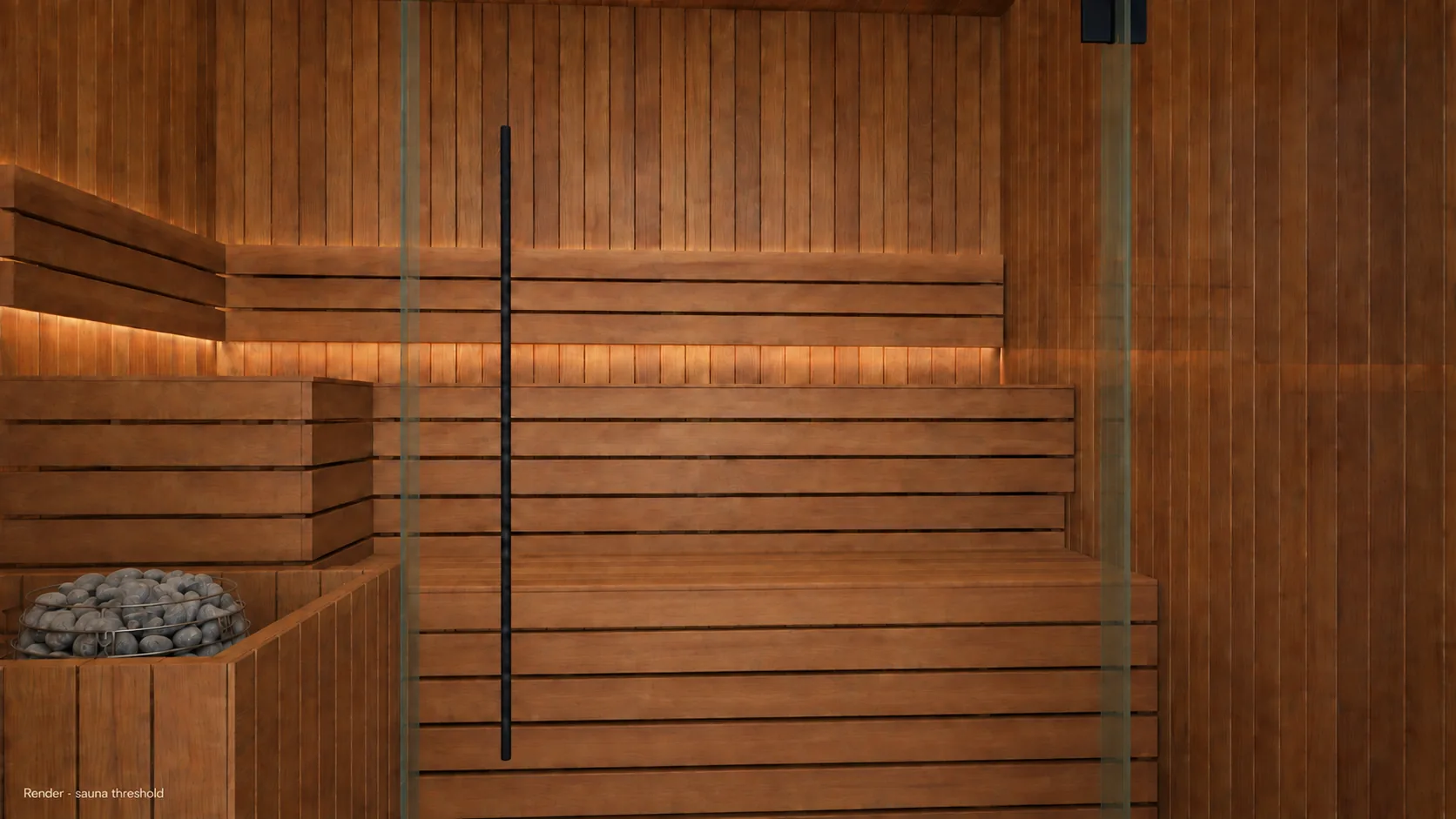 Design of the Solaire Aperture interior through the glass entry, with timber benches and the heater guard