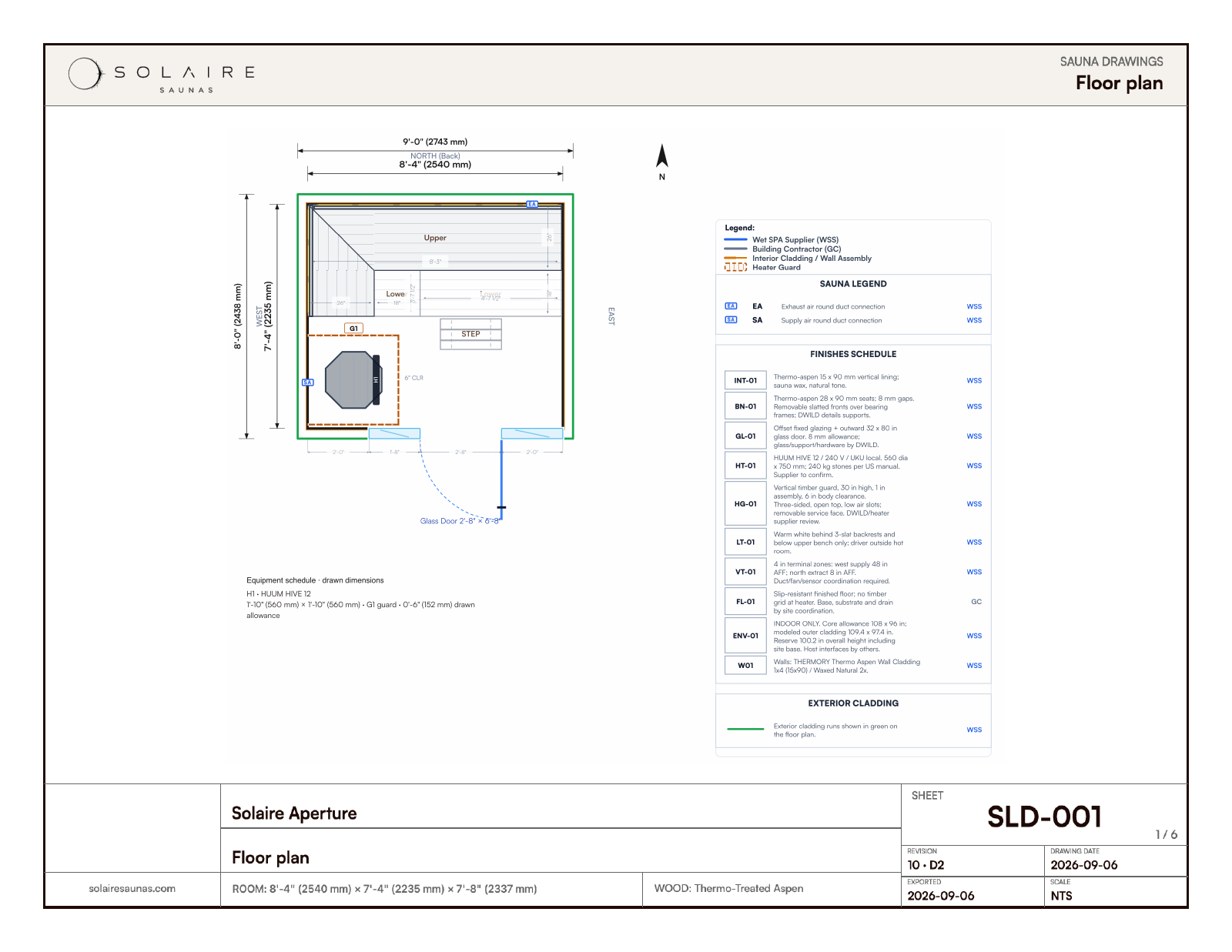 Dimensioned floor plan of the Solaire Aperture with L-shaped benches, entry, heater and equipment schedule