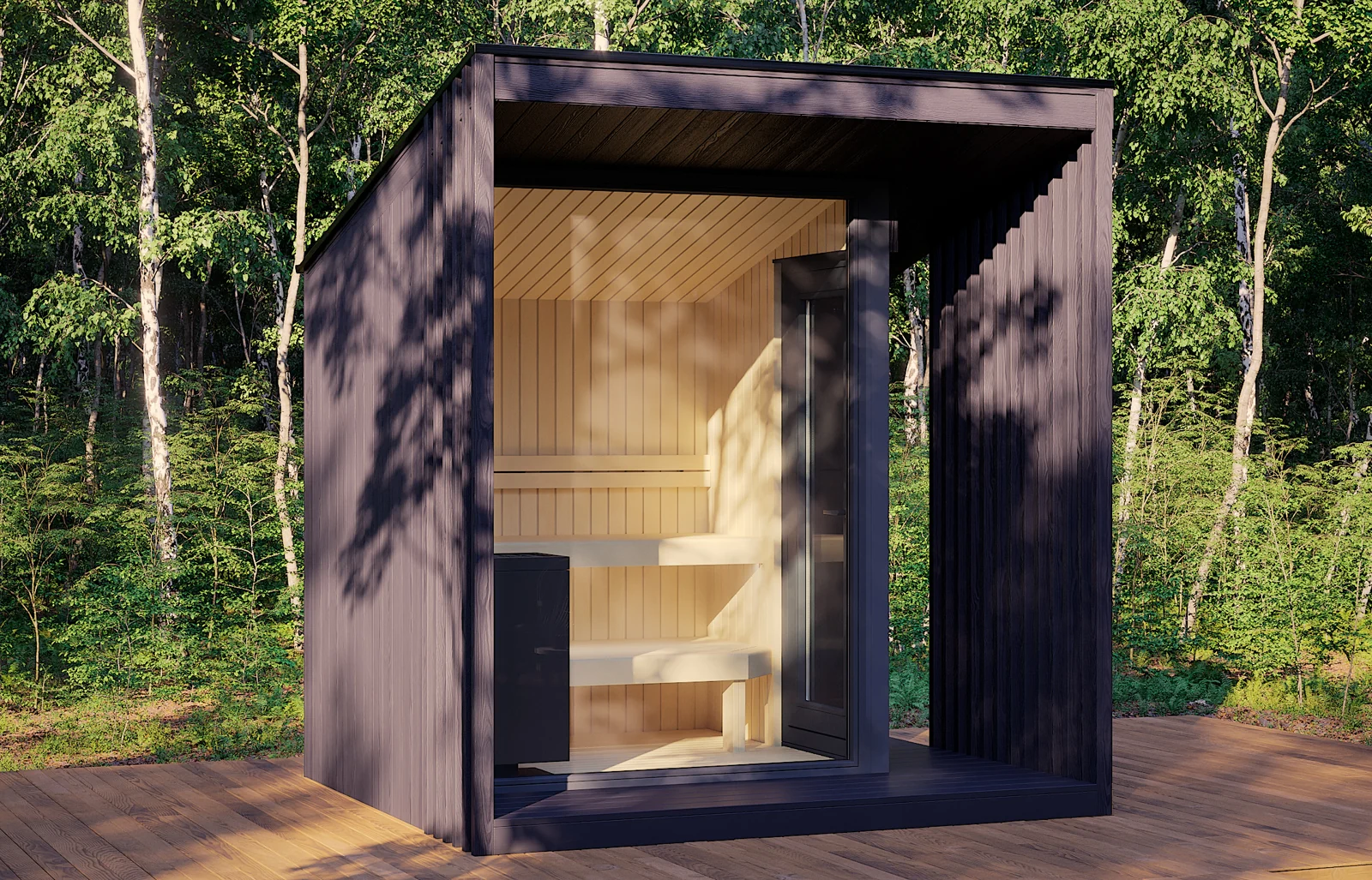 DWILD sauna reference: A dark exterior and recessed entry frame a warm timber interior. Explore how a sheltered entrance could work in your garden.