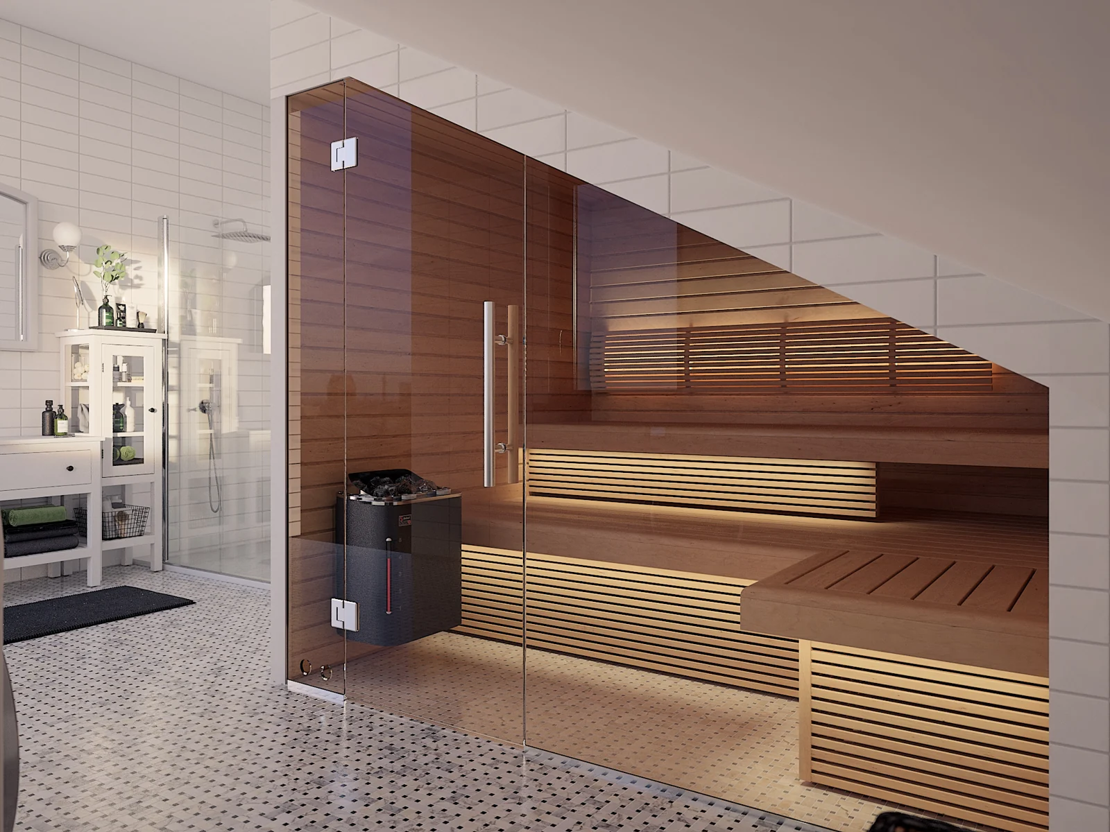 DWILD sauna reference: A broad glass front keeps the sauna connected to the bathroom, with benches arranged along the back and side.