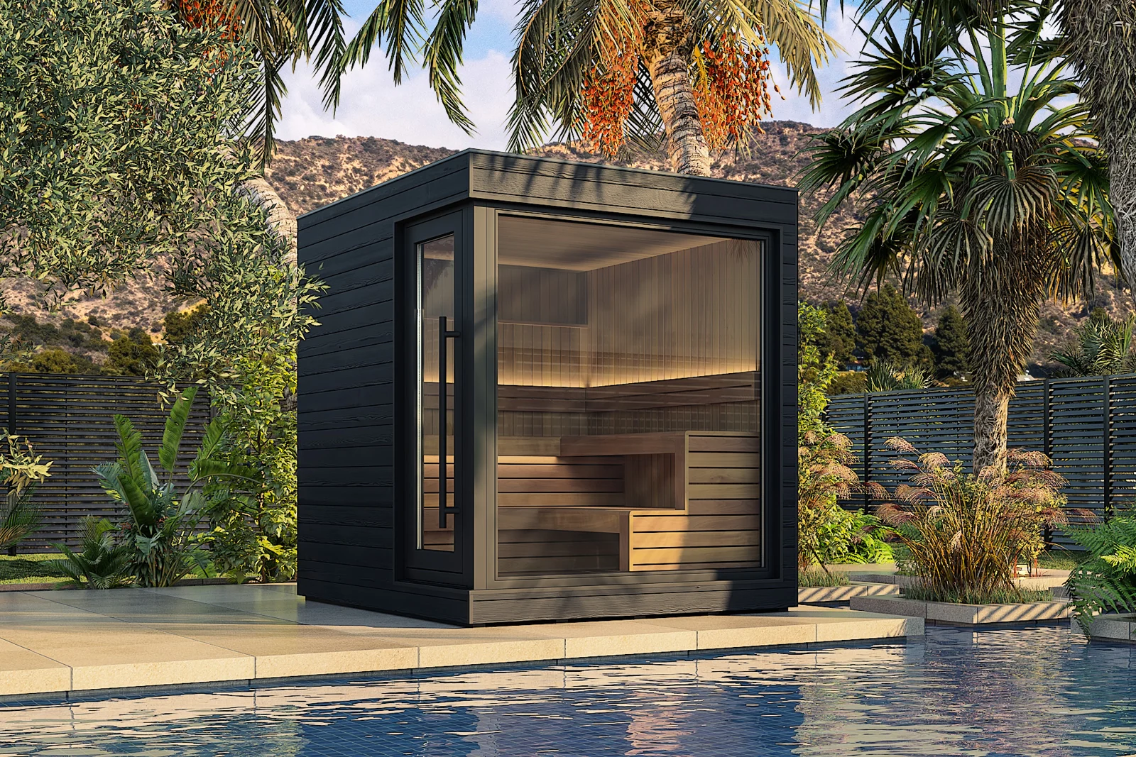 DWILD sauna reference: A compact dark cabin uses broad glazing to connect the sauna to its surroundings.