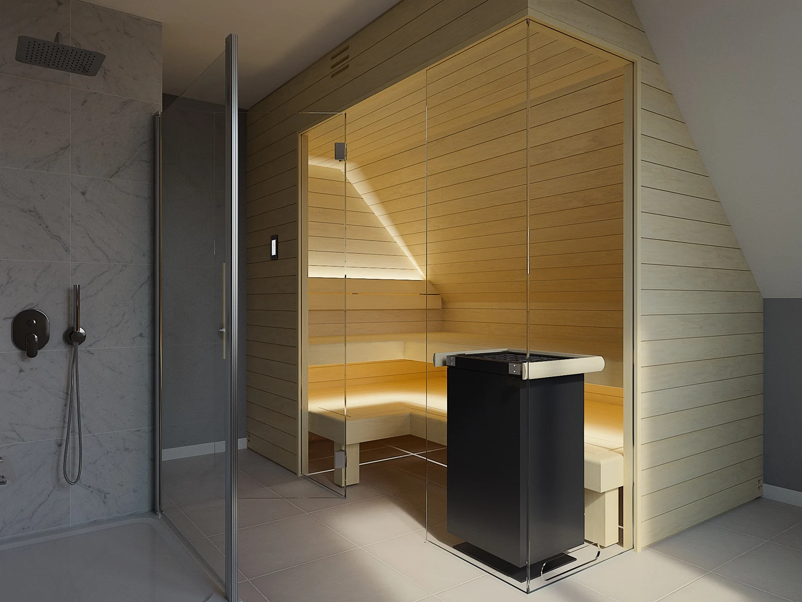 DWILD sauna reference: An angled ceiling becomes part of the room. A useful reference when your available space is not a simple box.