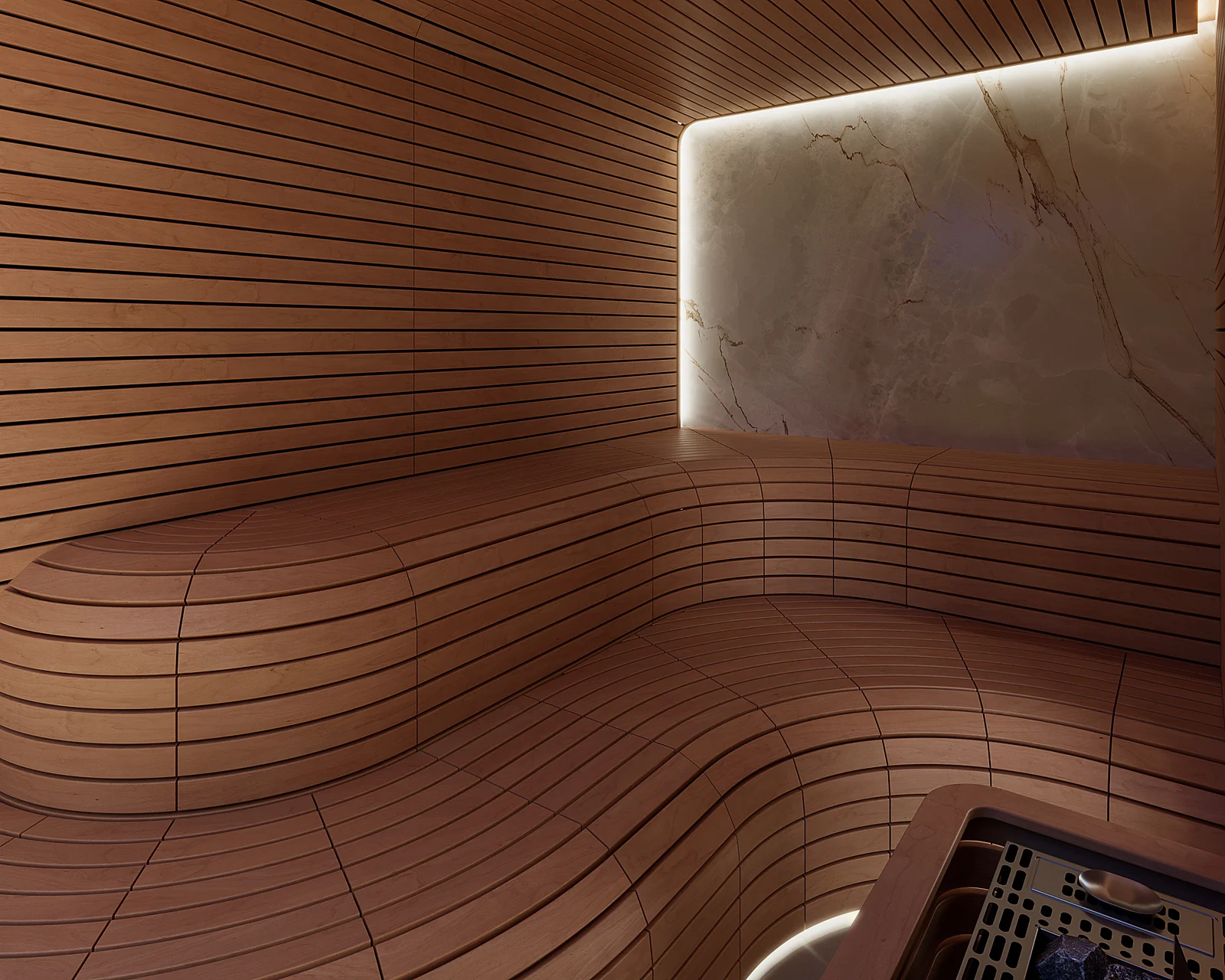 DWILD sauna reference: Rounded bench edges and continuous timber lines give the room a different character from a straight bench layout.