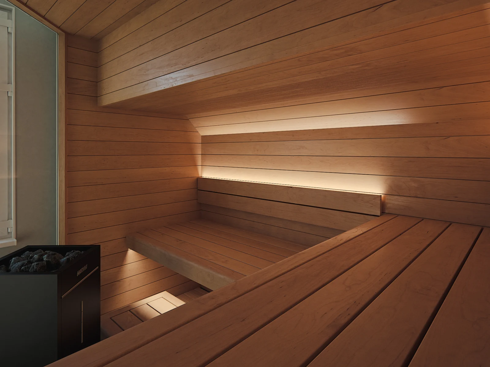 DWILD sauna reference: A light line behind the backrest brings out the timber, while a return bench creates a place to stretch out.