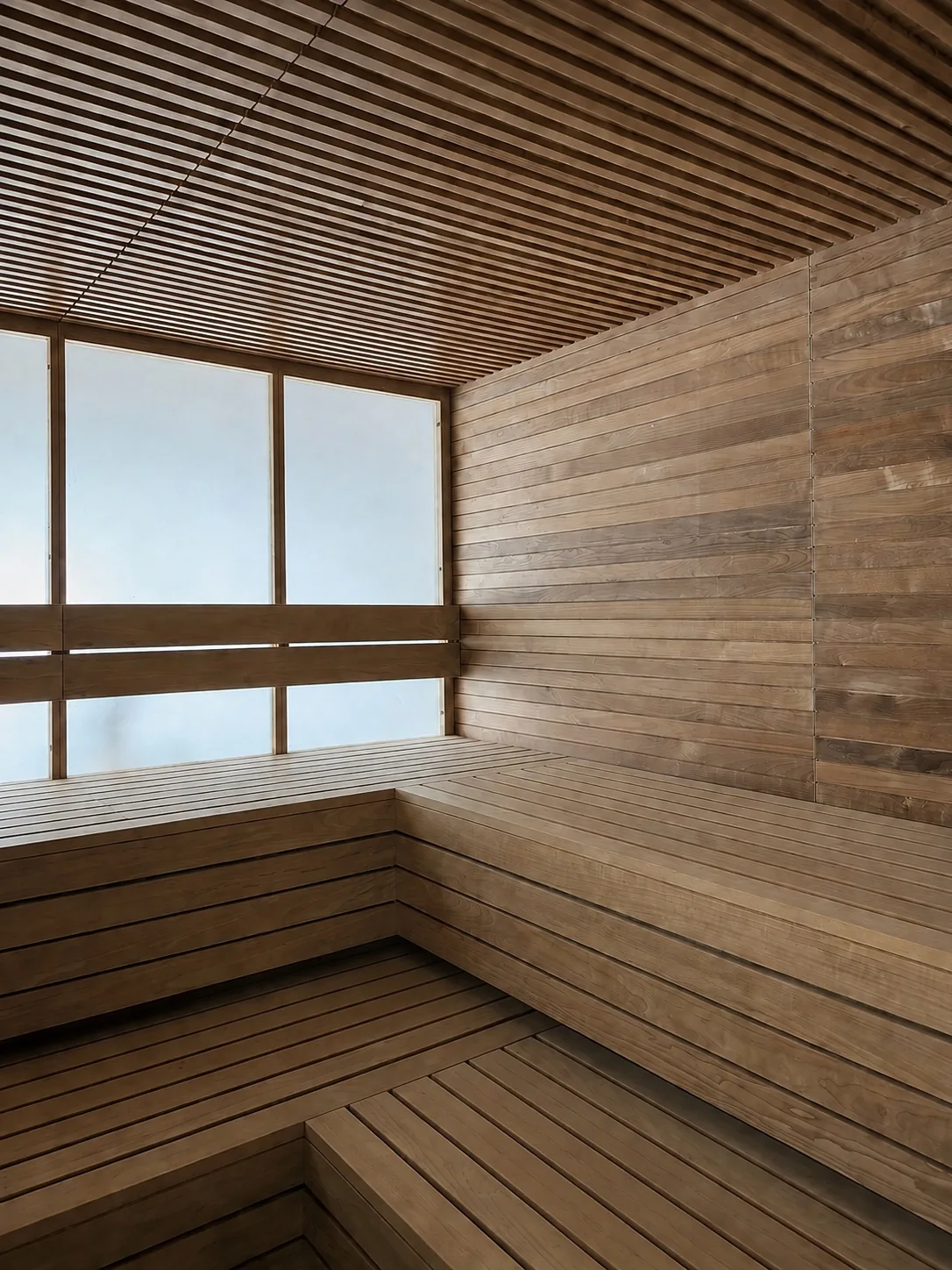 Corner of the Cold Spring home sauna: a frosted window wall, a slatted timber ceiling and benches carried around the room