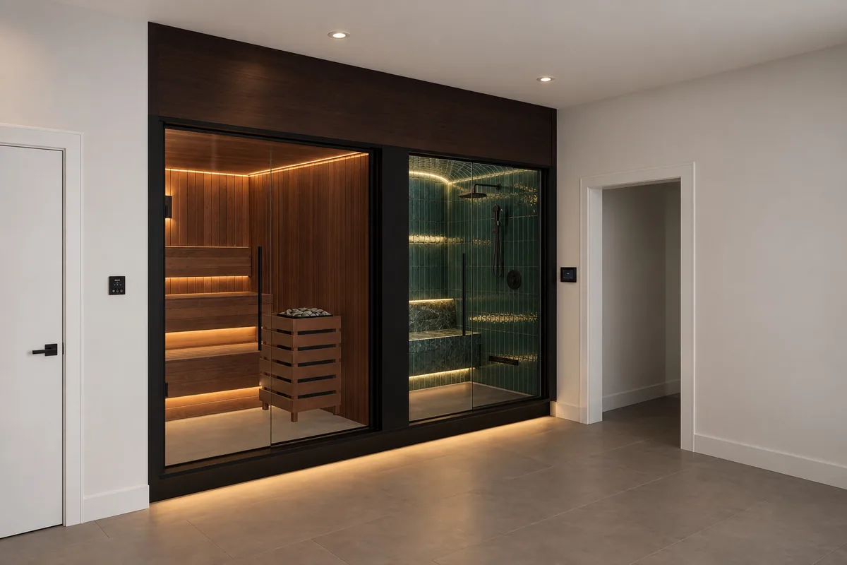 Design of a walnut sauna beside a green tiled steam room, both behind one glass front in a finished basement