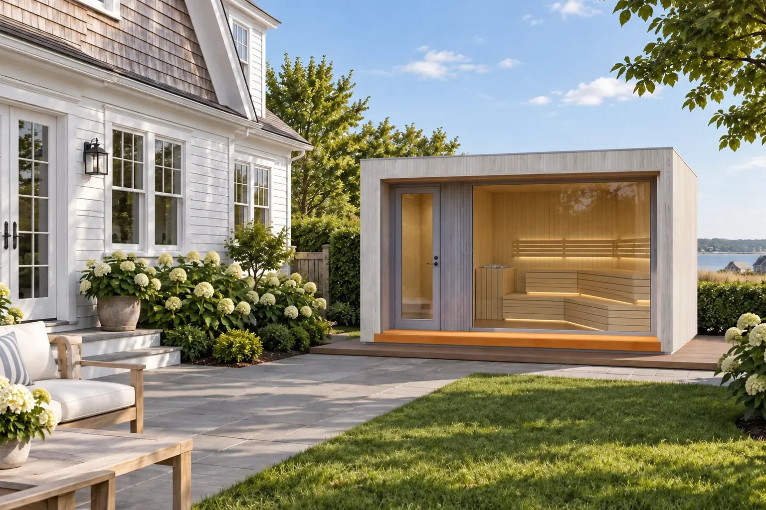 Design of the Solaire Shore cabin in light timber beside a coastal home: a changing room with a glass door, a picture window onto a two-tier bench with an angled return, and a heater at the back