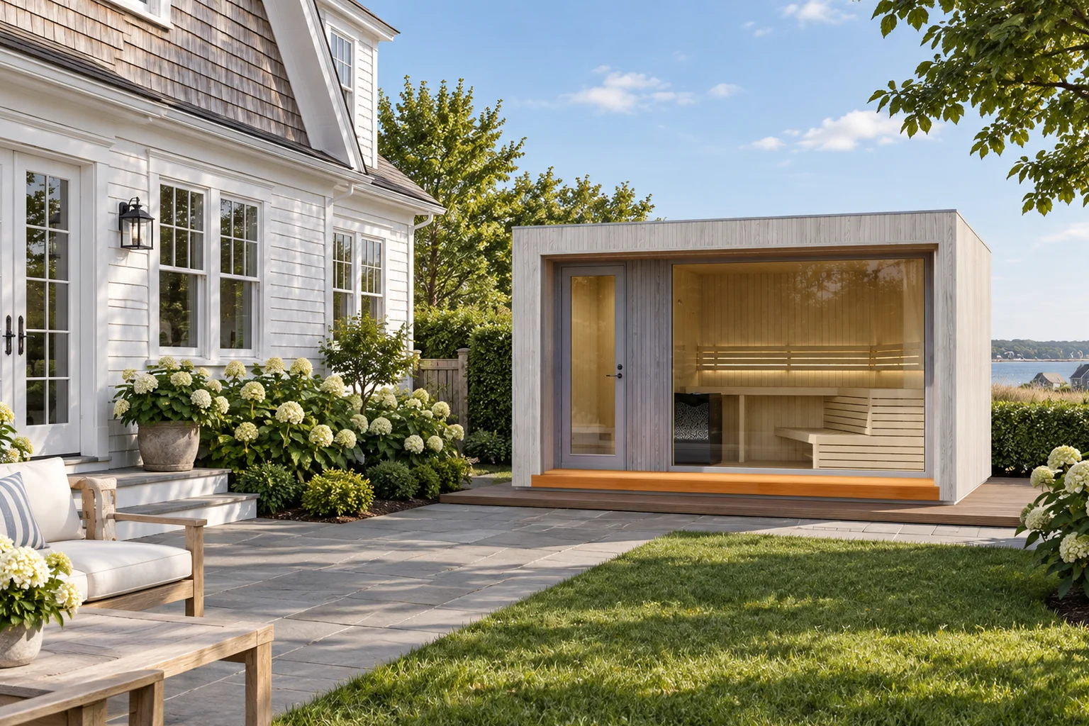 Design of the Solaire Shore outdoor sauna cabin with a pale timber exterior and a full-height picture window