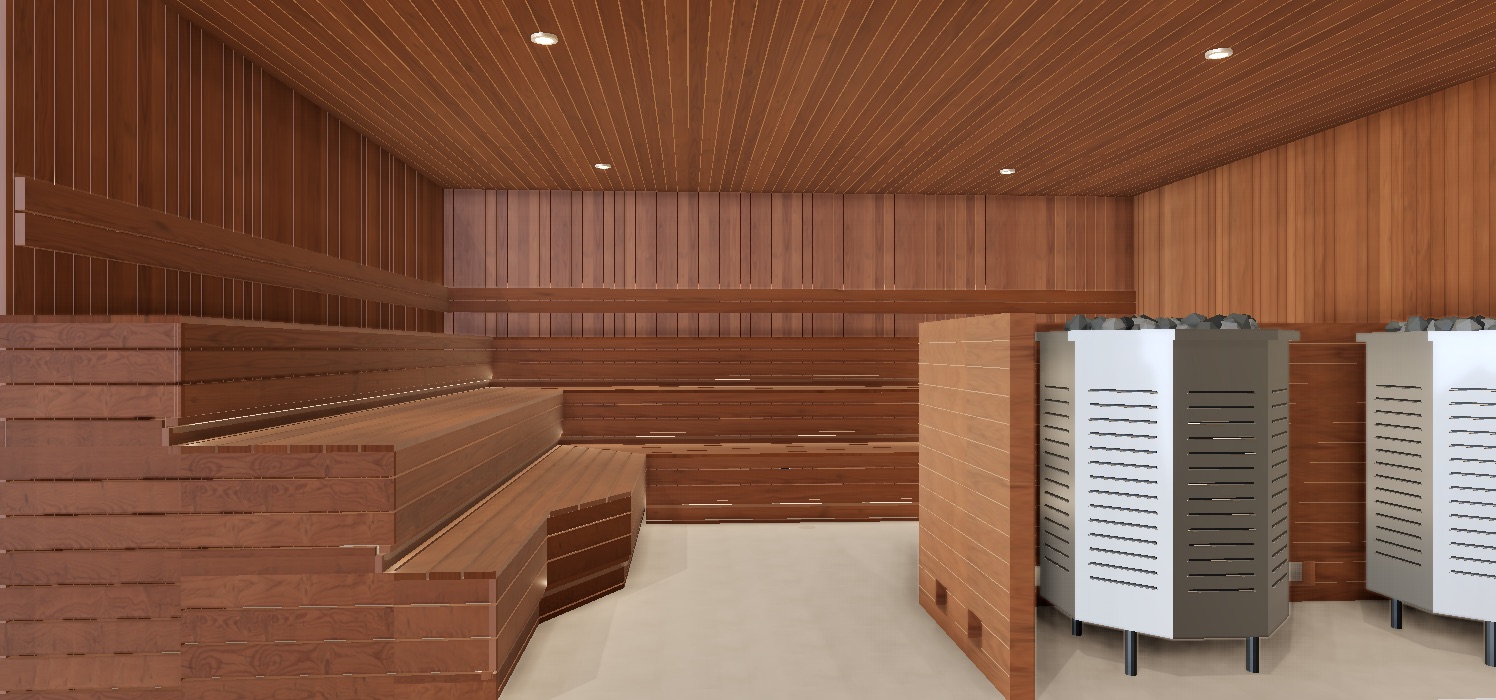 Interior of a commercial sauna room with tiered benches, captured from the working model