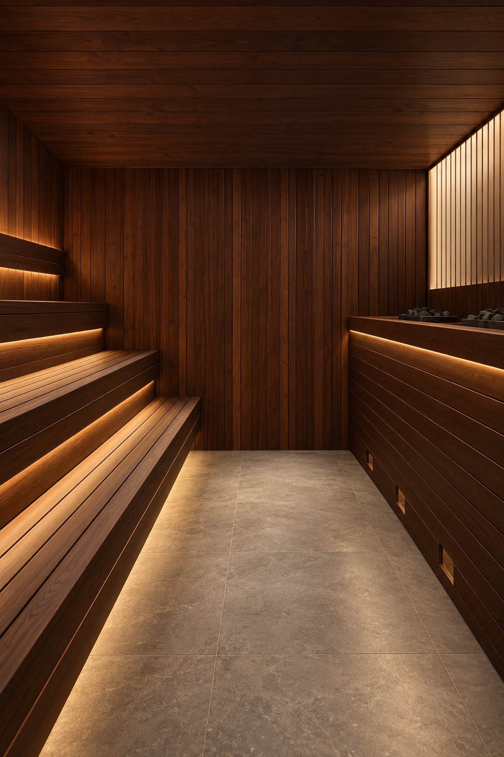 Design of a commercial sauna test fit: a dark thermo-wood hot room with a backlit slatted wall, three stepped bench tiers and two octagonal heaters